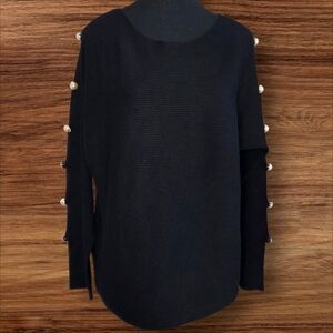 Rio & Rian Black Sweater with Open Sleeve Pearl Accents Size L